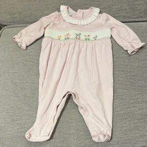 Edgehill Collection Light Pink Striped Smocked Footie with Ruffle Collar